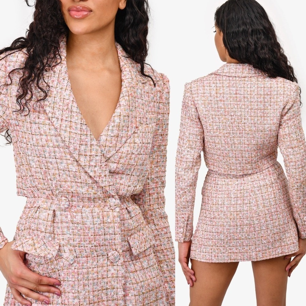 Self-Portrait Tweed Boucle Mini Dress Pink Gold Sequin Long Sleeve Suit Blazer 8 - Picture 3 of 12
